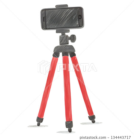 A camera and a small tripod drawn with colored pencils A camera and a small tripod drawn with colored pencils 134443717