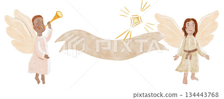 A pair of gentle watercolor angels with blank ribbon banner in cloud white tones watercolor, with warm textures, perfect for Christmas cards, decor, inspirational holiday designs. White background 134443768