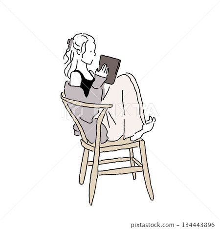 一位女士在椅子上放鬆地看書（彩色插圖） 134443896