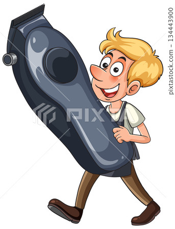 Cartoon Barber Carrying Oversized Electric Hair Clipper Cartoon Barber Carrying Oversized Electric Hair Clipper 134443900
