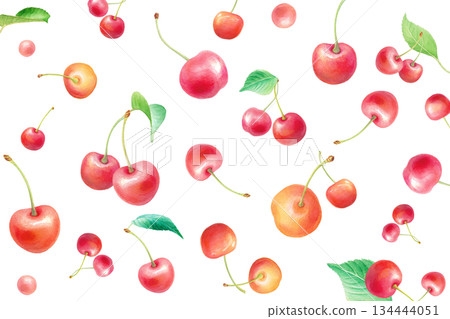 水彩櫻桃圖案，隨機大小排列，背景 134444051
