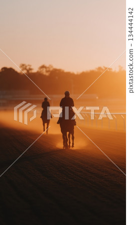 Racehorses and jockeys galloping along a dusty track at sunrise, silhouettes and golden light highlighting speed, teamwork and early morning training intensity and focus Racehorses and jockeys galloping along a dusty track at sunrise, silhouettes and golden light highlighting speed, teamwork and early morning training intensity and focus 134444142