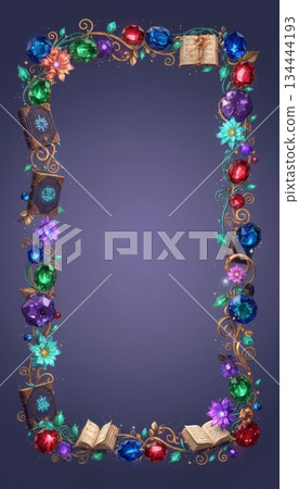 Gemstone border with spellbook and glowing flowers Gemstone border with spellbook and glowing flowers 134444193