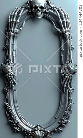 Gothic oval frame with skeletal hand and silver chain Gothic oval frame with skeletal hand and silver chain 134444202