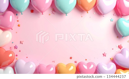 Heart balloon and small stars frame with empty center, plain background Heart balloon and small stars frame with empty center, plain background 134444237