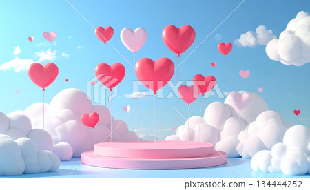 Podium decorated with heart-shaped balloons and clouds Podium decorated with heart-shaped balloons and clouds 134444252