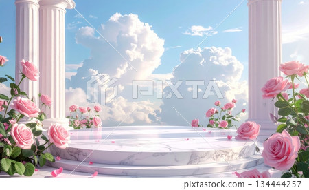 Marble podium with Greek marble statue, pink roses, sky background Marble podium with Greek marble statue, pink roses, sky background 134444257