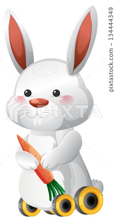 Cute White Bunny on Wheels Holding Carrot Illustration 134444349
