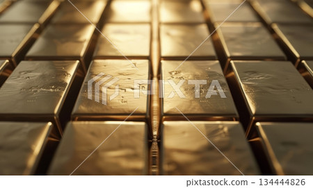 Gleaming gold bars arranged in a grid pattern, illuminated by warm, golden light, create a luxurious and valuable display 134444826