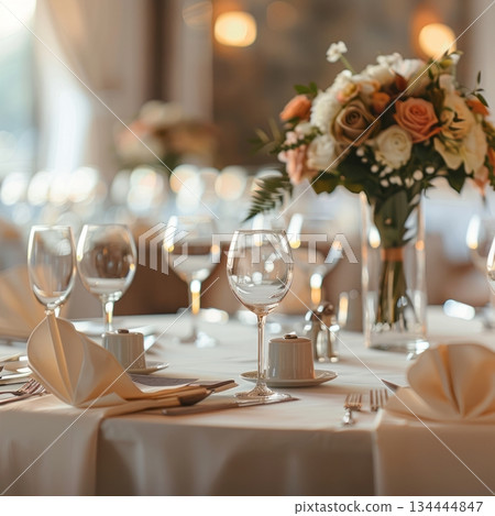 Elegant wedding reception table setting with a floral centerpiece, glassware, and crisp linens creates a romantic ambiance 134444847