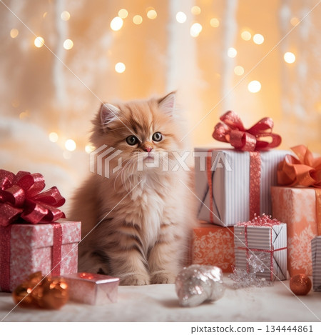 Adorable fluffy kitten sits amidst festively wrapped presents, creating a charming Christmas scene Adorable fluffy kitten sits amidst festively wrapped presents, creating a charming Christmas scene 134444861