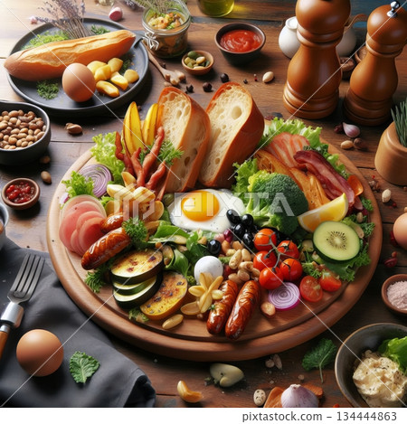A vibrant and healthy full English breakfast is beautifully arranged on a wooden board, showcasing a variety of fresh ingredients and cooked food A vibrant and healthy full English breakfast is beautifully arranged on a wooden board, showcasing a variety of fresh ingredients and cooked food 134444863
