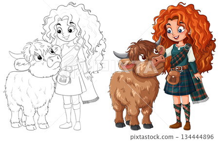 Scottish Girl with Highland Cow Cartoon Illustration 134444896