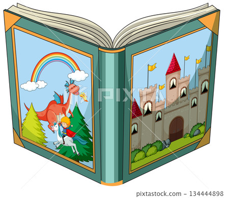 Open Storybook with Knight, Dragon, and Castle Illustration 134444898