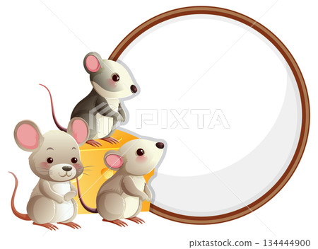 Three Cartoon Mice with Cheese and Circular Frame Three Cartoon Mice with Cheese and Circular Frame 134444900