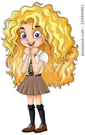 Smiling Schoolgirl With Curly Blonde Hair Standing Smiling Schoolgirl With Curly Blonde Hair Standing 134444901