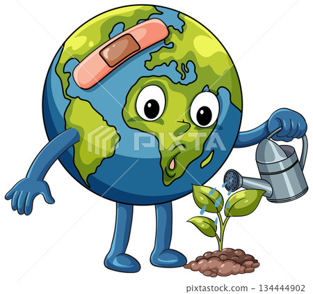 Injured Earth Cartoon Watering Young Green Plant Injured Earth Cartoon Watering Young Green Plant 134444902