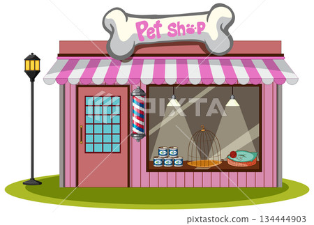 Pet Shop Storefront With Striped Awning and Display Window Pet Shop Storefront With Striped Awning and Display Window 134444903