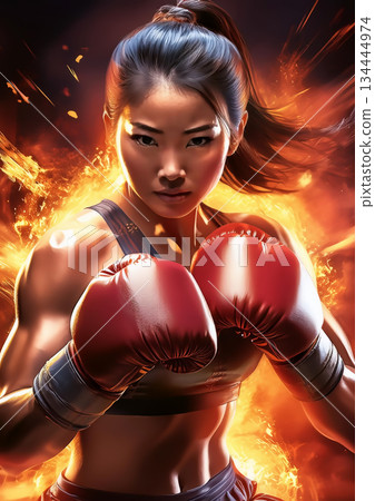 帶有火焰效果的女子拳擊3D插圖 134444974