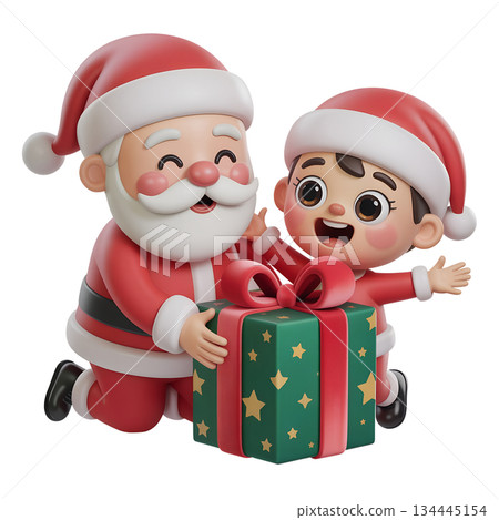 Heartwarming 3d illustration of santa claus delivering gift to excited child, perfect for holiday cards, advertising, family-themed christmas projects 134445154