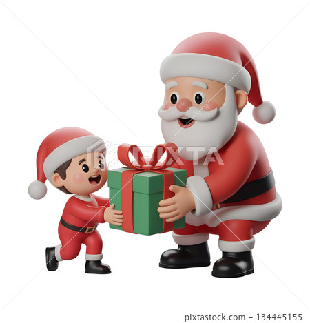 Joyful 3d scene of santa claus in his red suit giving festive christmas present to a smiling, happy child, capturing the magic of christmas morning 134445155