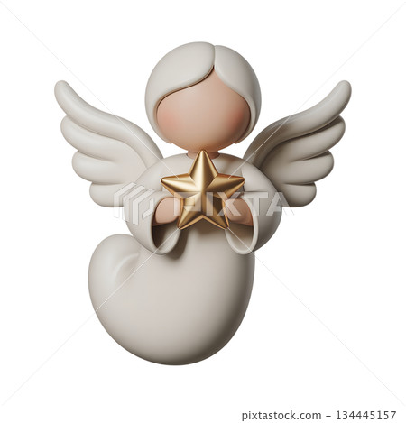 Whimsical 3d angel character proudly presenting large golden star, perfect for christmas tree toppers, star of bethlehem concepts, and greetings 134445157