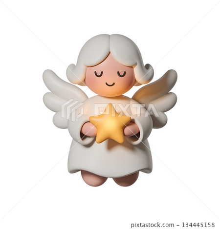 Friendly cartoon angel holding shimmering gold star, great for holiday cards, sunday school materials, and cheerful winter designs 134445158