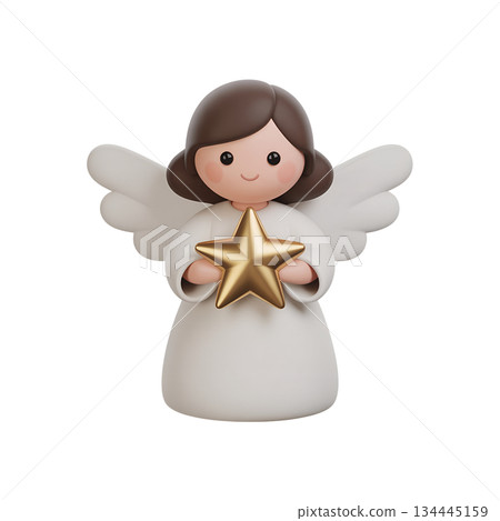 Cute 3d rendered angel with golden star, perfect for nativity scenes, church events, christmas tree toppers or festive winter illustrations 134445159