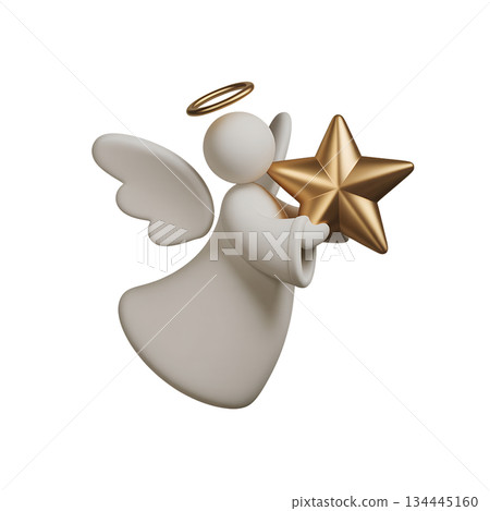 Cheerful 3d cartoon angel character holding shining golden star, ideal for christmas decorations, religious themes, holiday greetings, celestial designs 134445160