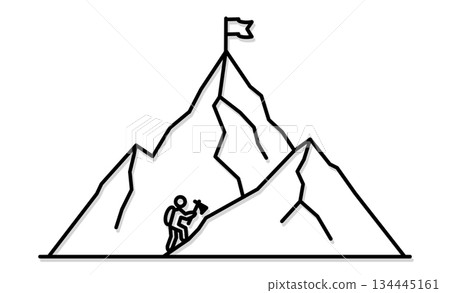 業餘登山：一個簡單的圖標，描繪了一個人手持冰鎬攀登山峰的場景。 134445161