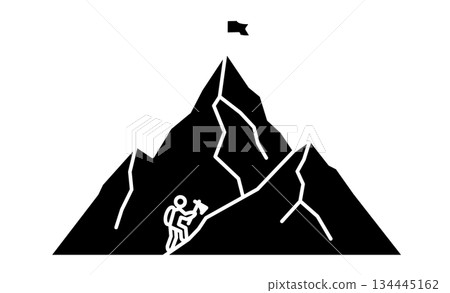 業餘登山：一個簡單的圖標，描繪了一個人手持冰鎬攀登山峰的場景。 134445162