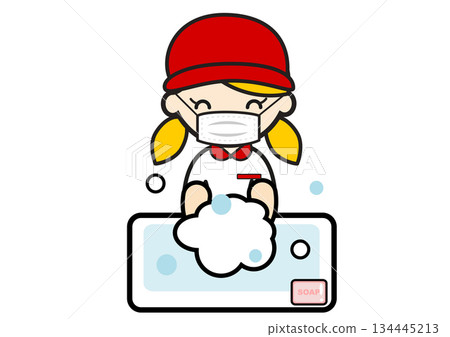 A fast food restaurant employee wearing a mask and washing his hands 134445213