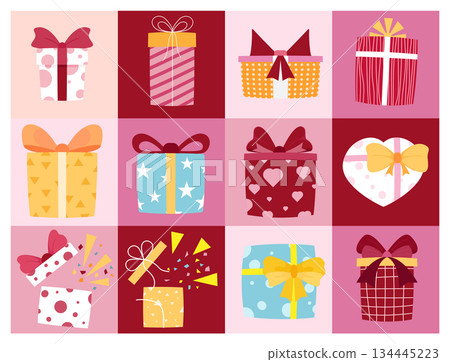 gift boxes set flat design, decoration greeting card christmas, new year, birthday party, 134445223