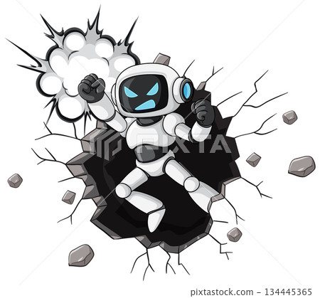 Angry Robot Breaking Through Cracked Wall Vector Illustration 134445365