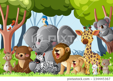 Cartoon Jungle Animals Group in Forest Setting 134445367