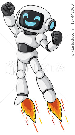 Happy Cartoon Robot Flying With Jetpack Flames 134445369