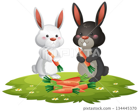 Two Cartoon Rabbits Holding Carrots on Grass Patch 134445370