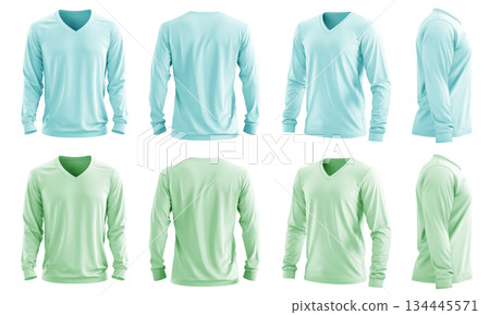 2 Set of men pastel green turquoise blue front, back and side view V neck long sleeve tee shirt t-shirt on transparent background cutout, PNG file. Mockup template 134445571