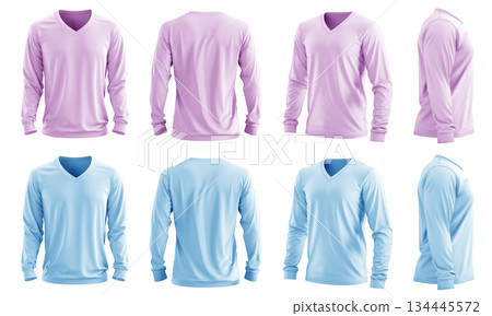 2 Set of men pastel light blue purple front, back and side view V neck long sleeve tee shirt t-shirt on transparent background cutout, PNG file. Mockup template 134445572