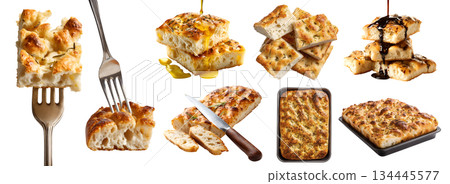 Set of Focaccia, Italian classic flatbread leavened oven-baked bun bread flat, with olive oil, Balsamic Vinegar, fork knife, baking pan, pile stack bitten broken, transparent cutout PNG. Mockup Set of Focaccia, Italian classic flatbread leavened oven-baked bun bread flat, with olive oil, Balsamic Vinegar, fork knife, baking pan, pile stack bitten broken, transparent cutout PNG. Mockup 134445577