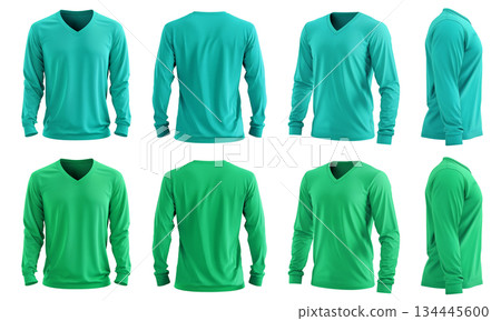 2 Set of men turquoise blue green front, back and side view V neck long sleeve tee shirt t-shirt on transparent background cutout, PNG file. Mockup template for artwork 134445600