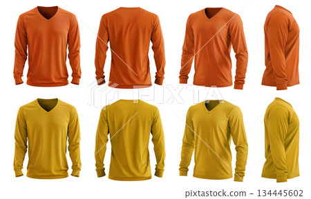 2 Set of men yellow orange mustard front, back and side view V neck long sleeve tee shirt t-shirt on transparent background cutout, PNG file. Mockup template  134445602