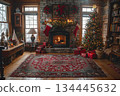 Cozy living room with wreath on the mantle and stocking hanging by the fireplace, Christmas tree 134445632