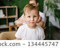 Portrait of Little Boy at Home, Father With Baby in Soft Focus 134445747