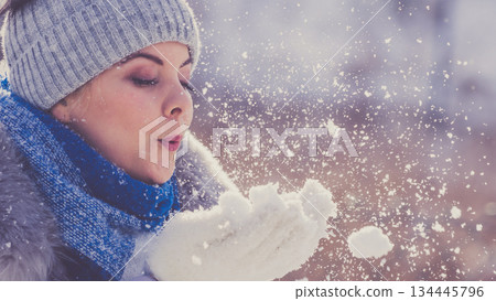 Female wearing warm outfit during winter 134445796