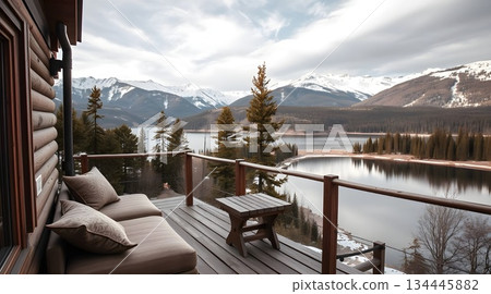 Scenic mountain landscape view from the top with forest trees clouds and a valley below. 134445882