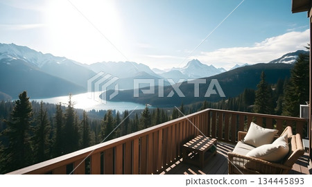 Scenic mountain landscape view from the top with forest trees clouds and a valley below. 134445893