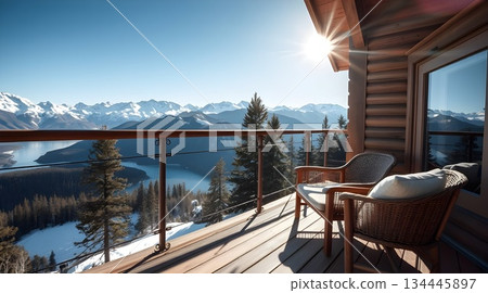 Scenic mountain landscape view from the top with forest trees clouds and a valley below. 134445897