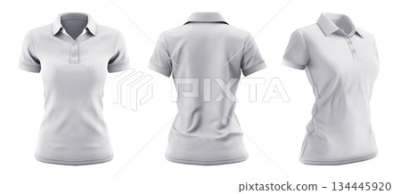 Set of woman white front, back and side view collar slim fit polo tee shirt on transparent background cutout, PNG  134445920