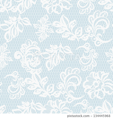 White lace pattern presenting a grid like texture with ornate floral designs repeating seamlessly on a light blue background, perfect for wedding, fabric, or decorative use White lace pattern presenting a grid like texture with ornate floral designs repeating seamlessly on a light blue background, perfect for wedding, fabric, or decorative use 134445968